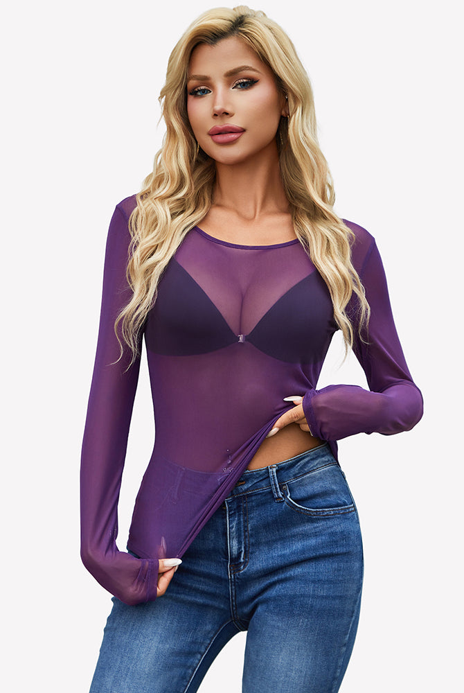 Purple sheer mesh long-sleeve top with crew neck, slim fit, side drape detail
