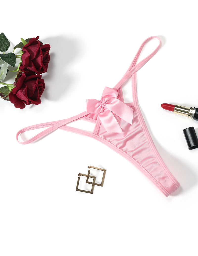Satin bow low-rise thong, light pink, hollow-out sides with satin ribbon bow