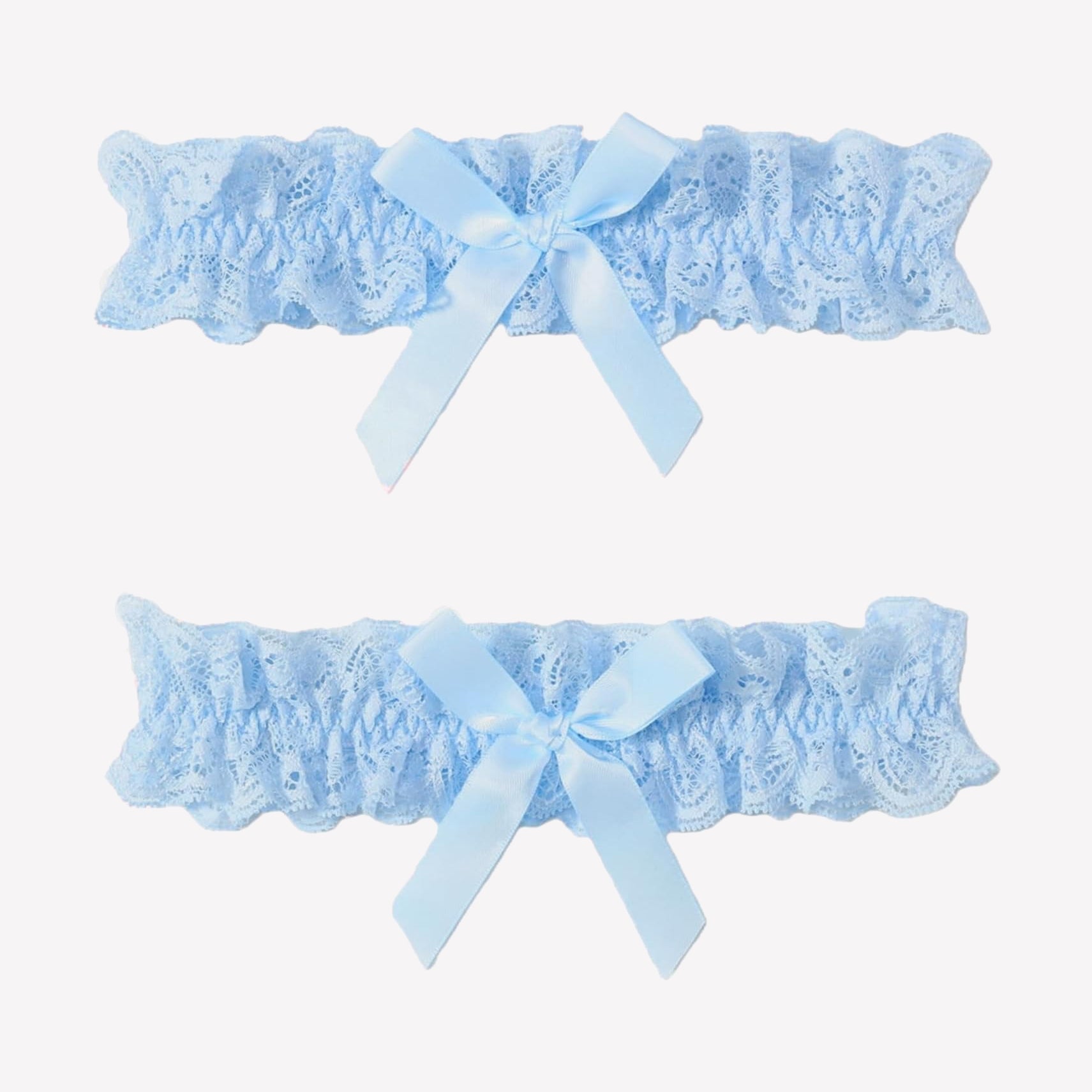 Light blue lace wedding garters set with ruffled edges and matching bow ribbons, 2-piece
