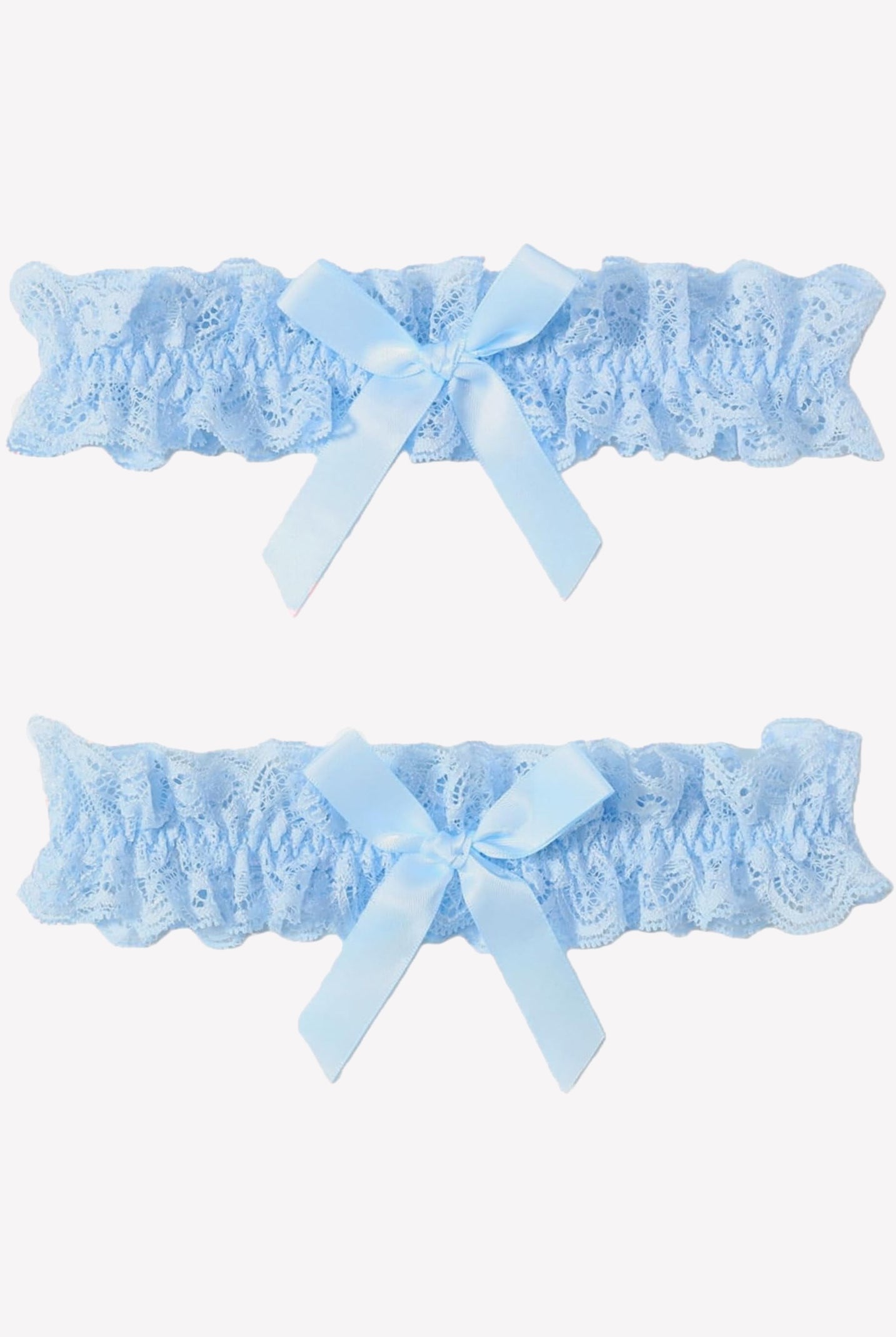 Light blue lace wedding garters set with ruffled edges and matching bow ribbons, 2-piece