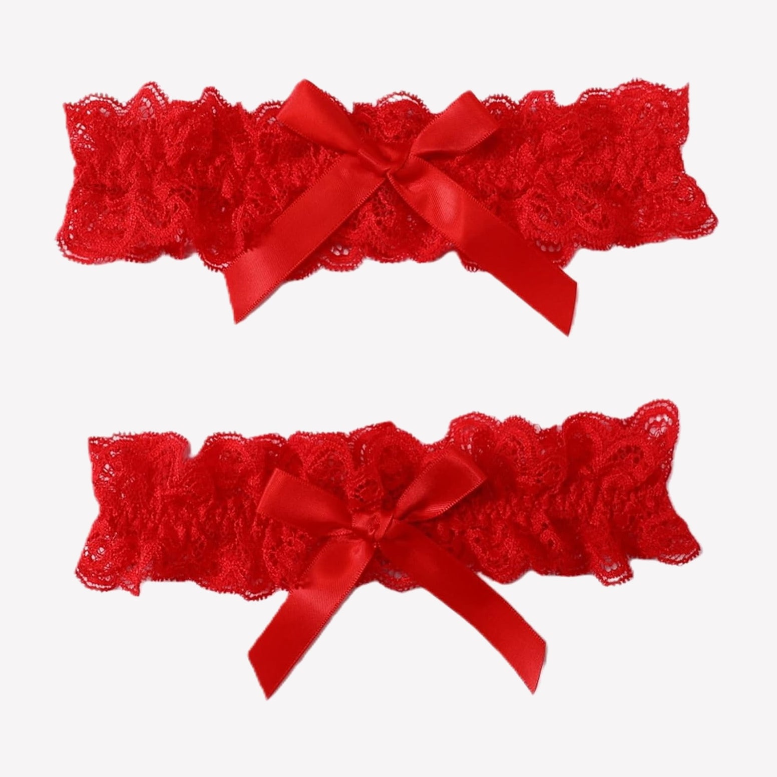 Red lace wedding garters set with scalloped edges and satin bow ribbon, 2-piece