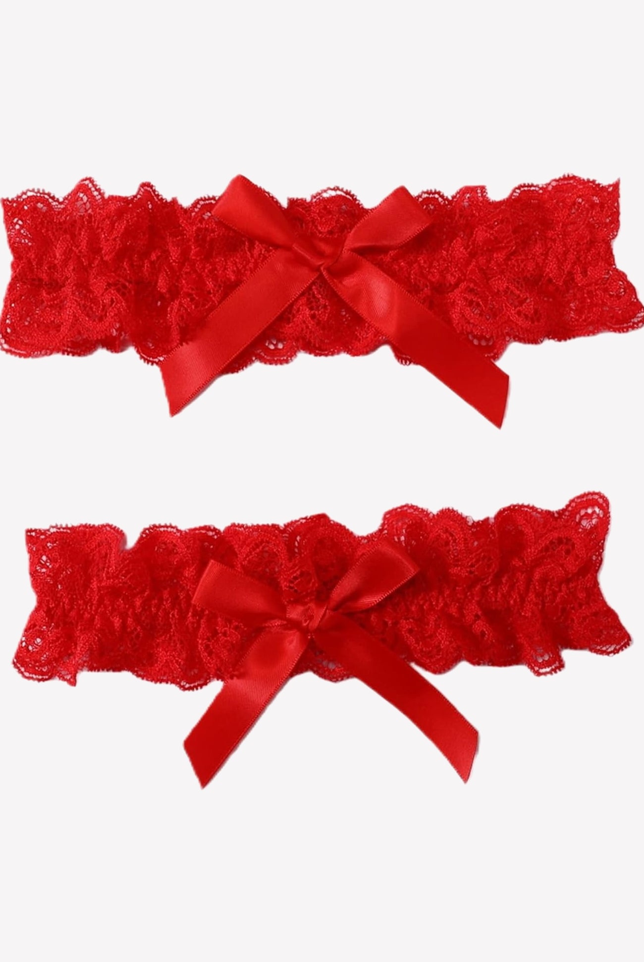 Red lace wedding garters set with scalloped edges and satin bow ribbon, 2-piece