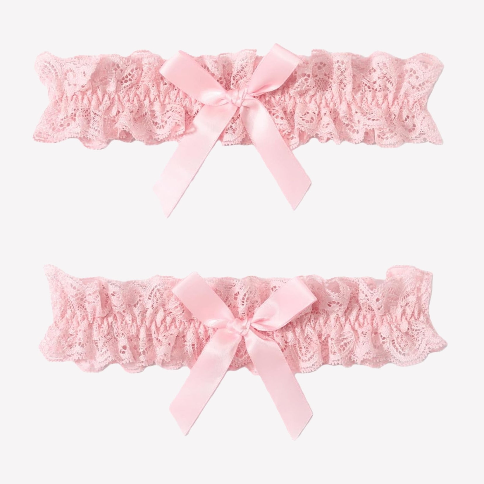 Pink lace wedding garters set with ruffled scallop trim and satin bow ribbons, 2-piece