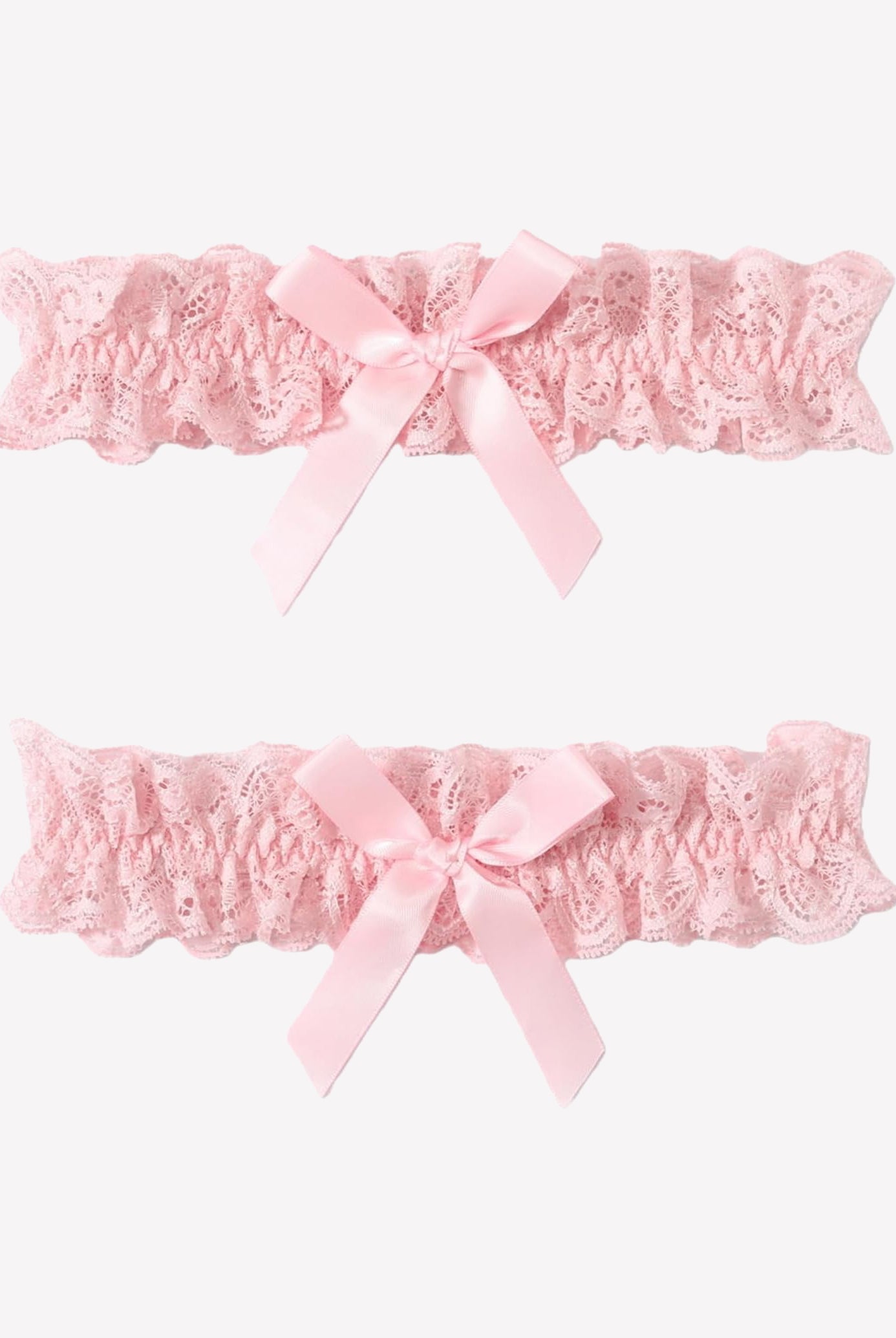 Pink lace wedding garters set with ruffled scallop trim and satin bow ribbons, 2-piece