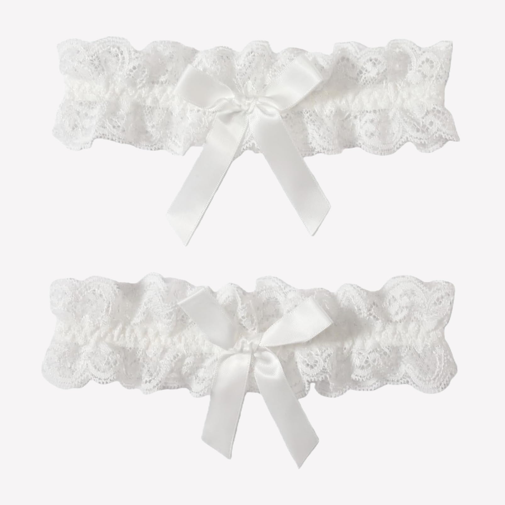 White lace wedding garters set with textured ruffles and satin bow ribbons, 2-piece