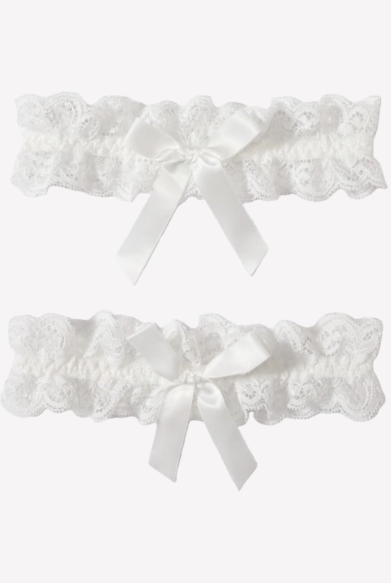 White lace wedding garters set with textured ruffles and satin bow ribbons, 2-piece