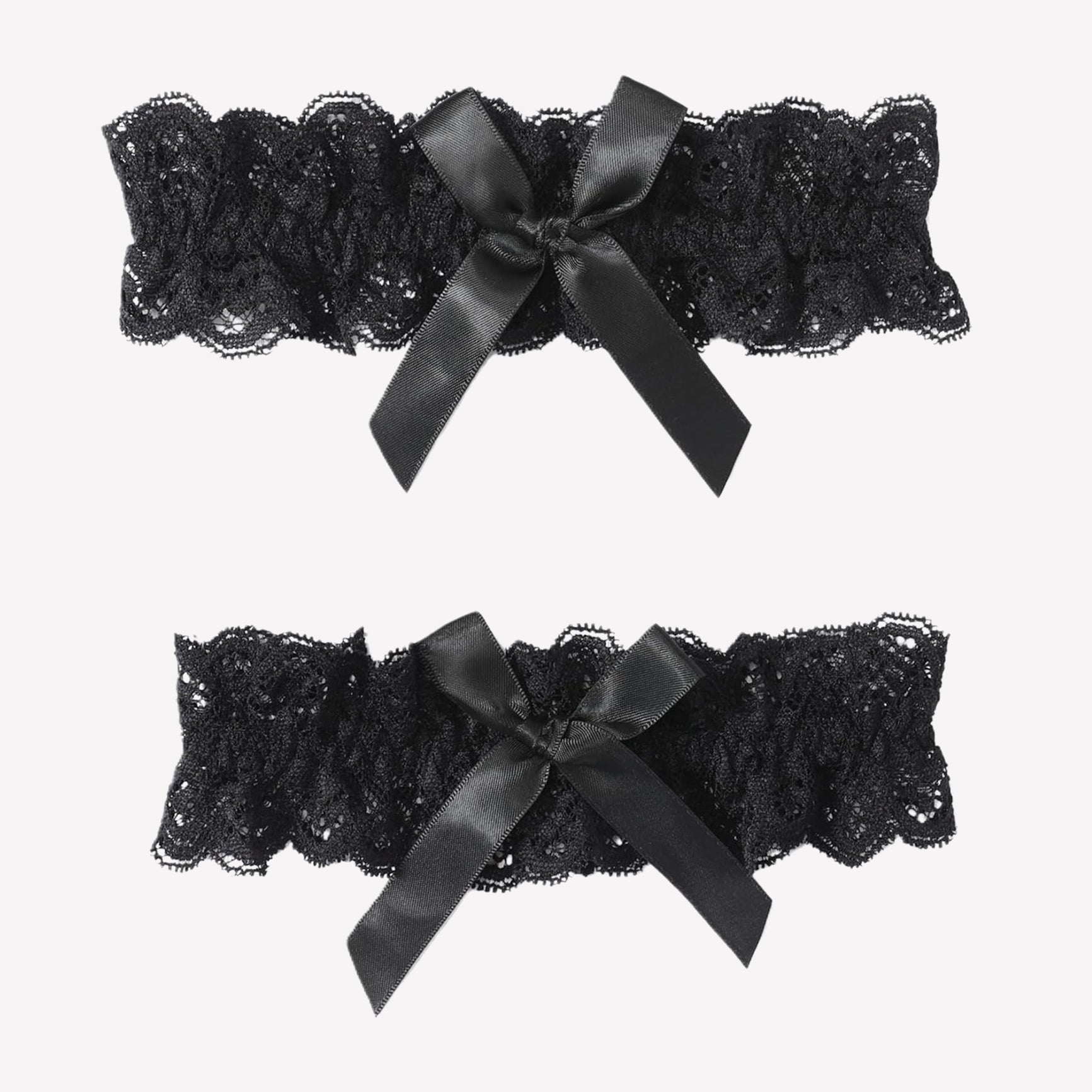 Black lace wedding garters set with scalloped lace and satin bow ribbons, 2-piece