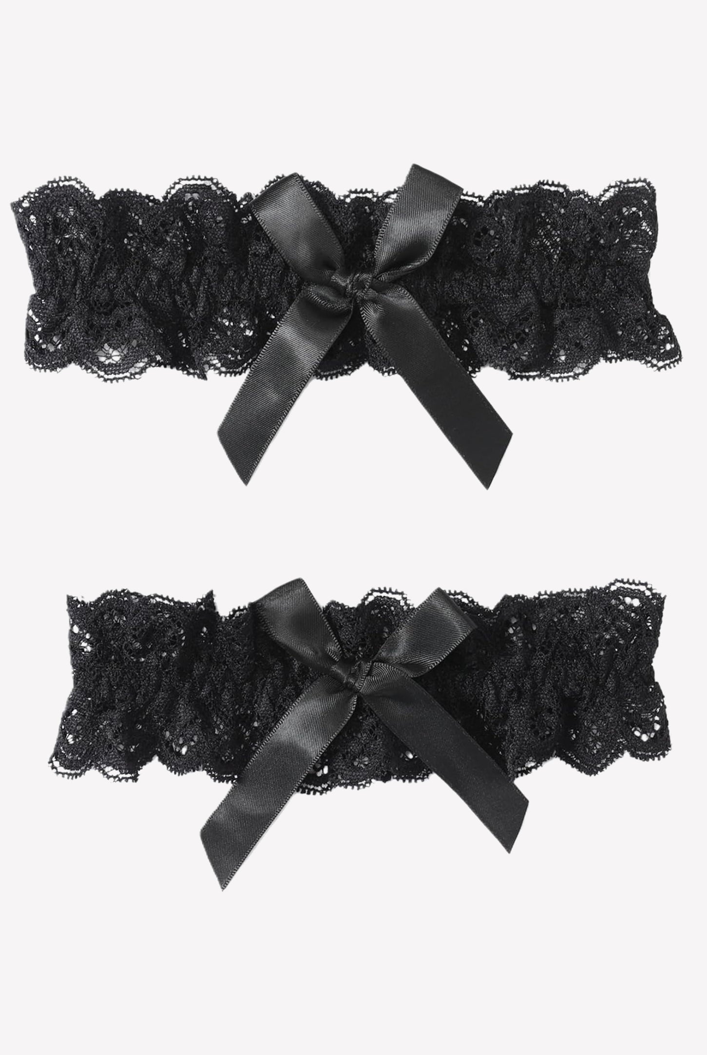 Black lace wedding garters set with scalloped lace and satin bow ribbons, 2-piece
