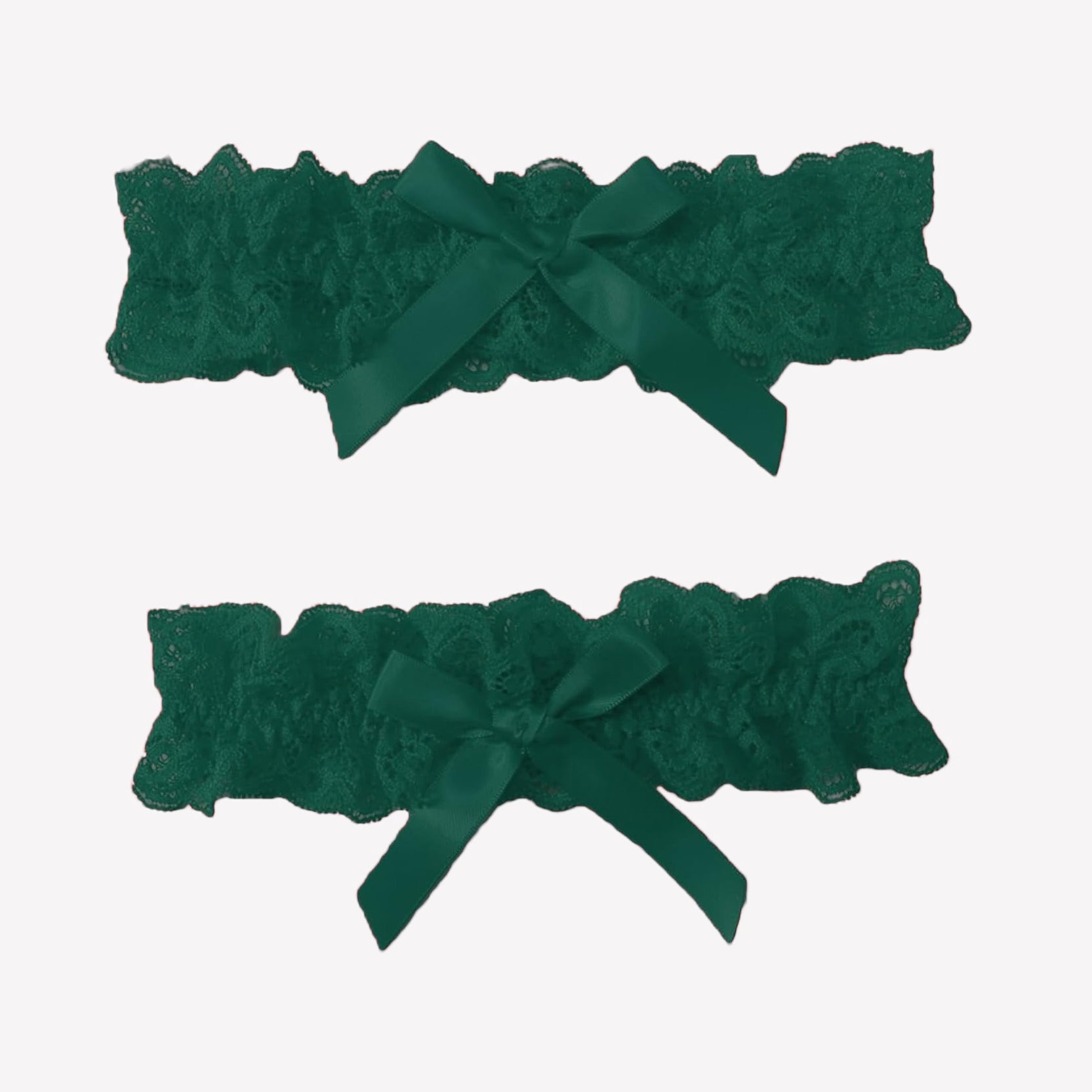 Green lace wedding garters set with ruffled edges and satin bow ribbon, 2-piece