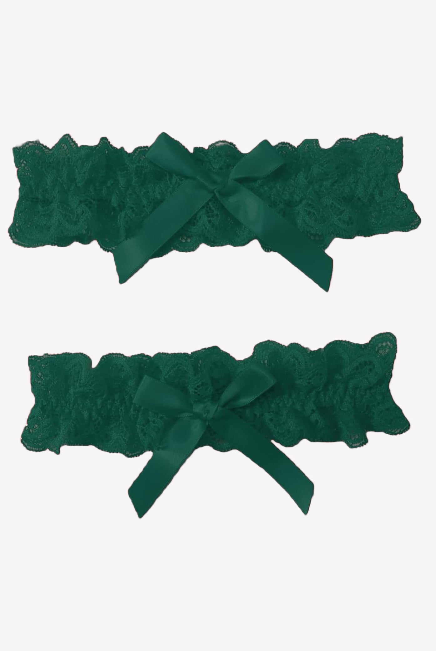 Green lace wedding garters set with ruffled edges and satin bow ribbon, 2-piece