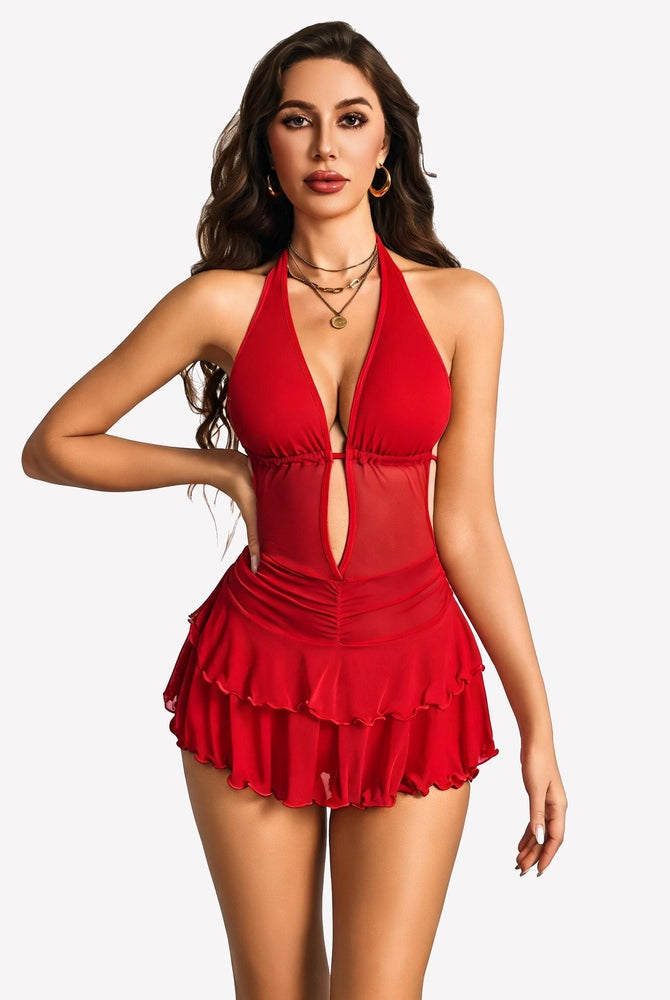Red halter mini dress with deep V-neck and layered ruffle hem over built-in shorts