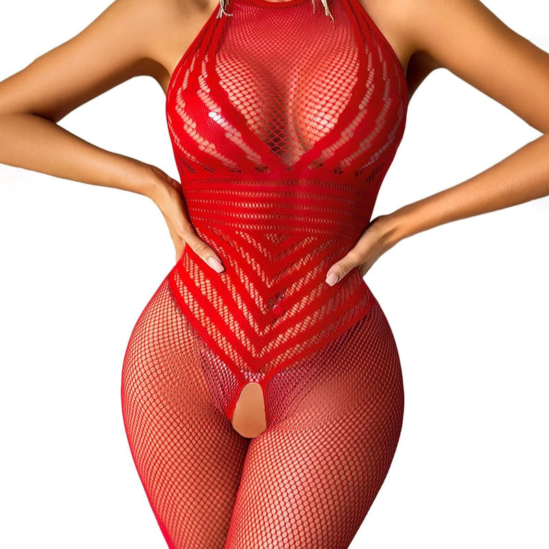 Red fishnet halter bodystocking with front oval cutout and high-cut legs