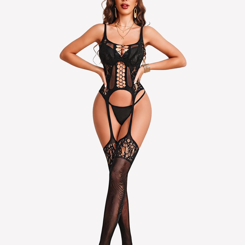 Black fishnet mesh bodysuit with lace cutouts, thong bottom, and full-length leg coverage
