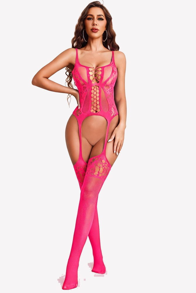 Neon pink fishnet mesh bodysuit with lace cutouts, open-crotch style and full-length legs