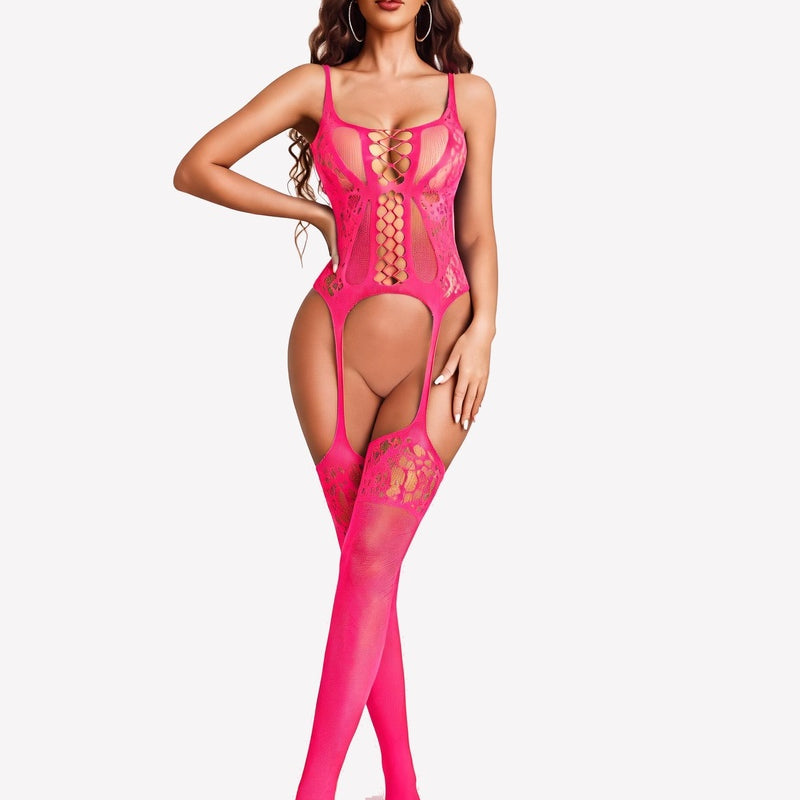 Neon pink fishnet mesh bodysuit with lace cutouts, open-crotch style and full-length legs