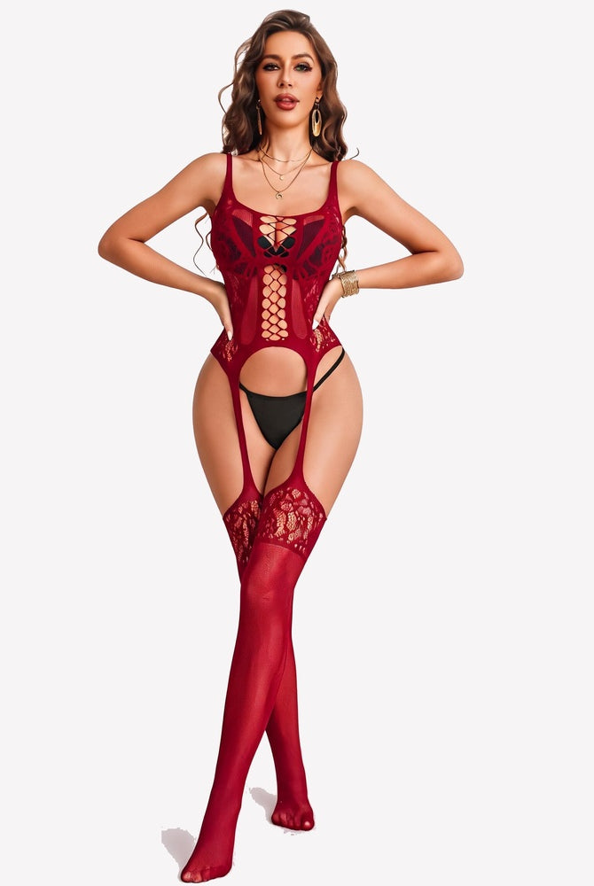 Wine red fishnet mesh bodysuit with lace cutouts, open-crotch style and full-length legs