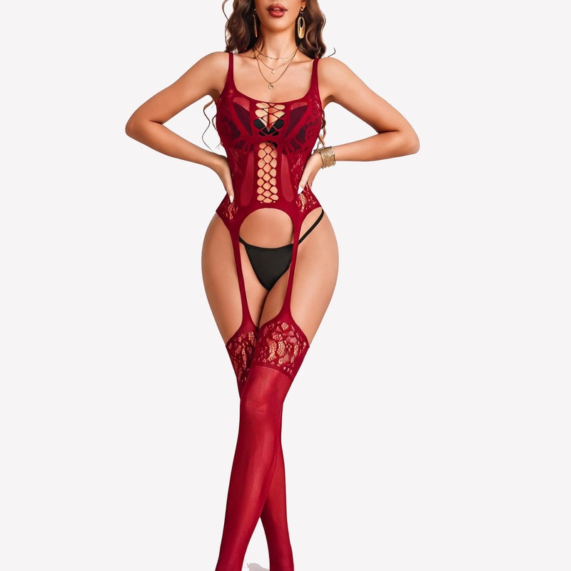 Wine red fishnet mesh bodysuit with lace cutouts, open-crotch style and full-length legs