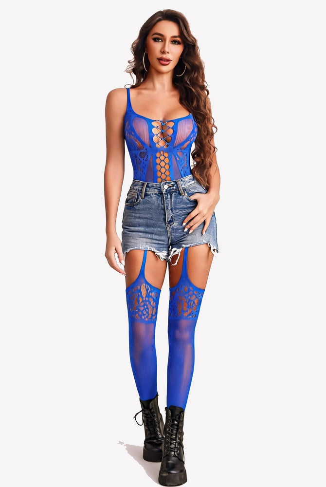Blue fishnet bodysuit with crisscross front cutouts and matching thigh-high mesh