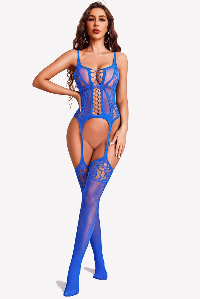 Blue fishnet mesh bodysuit with lace cutouts and full-length leg stockings