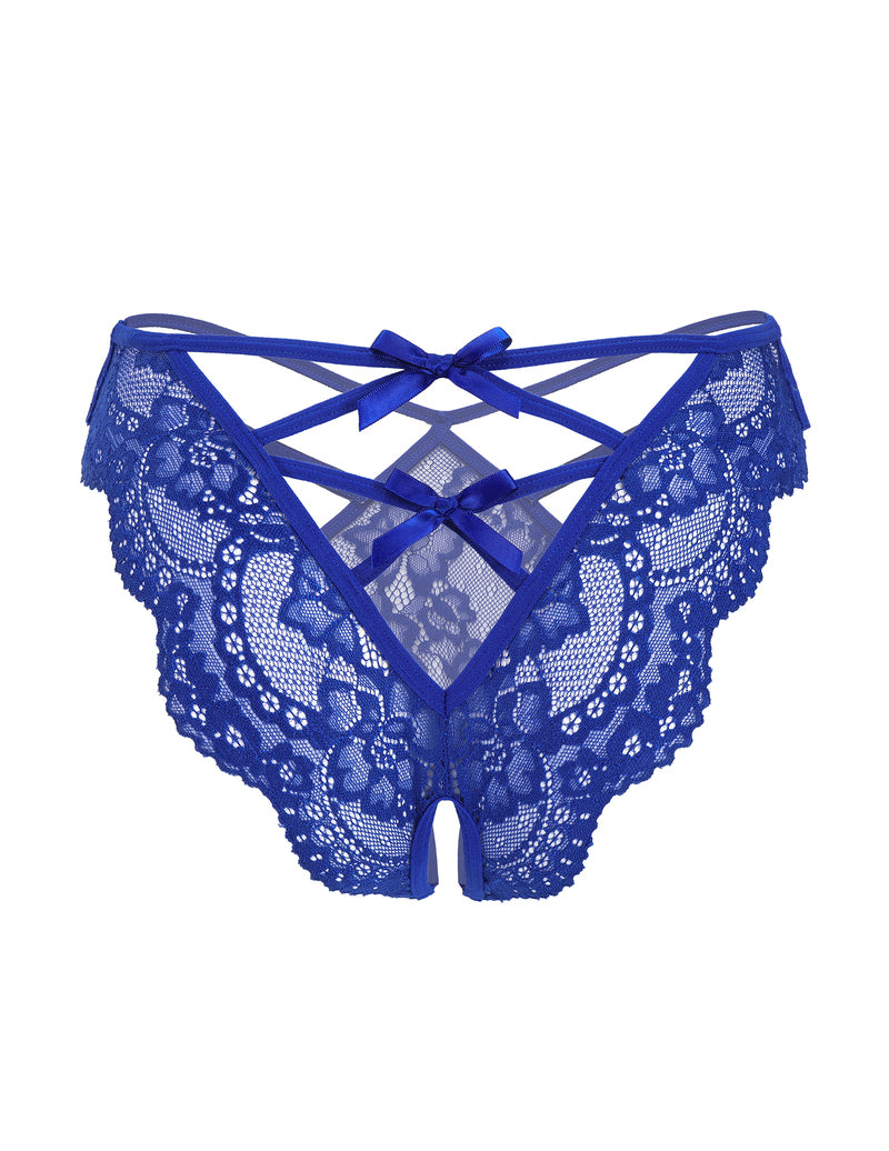 Back of royal blue lace thong panties with crisscross straps and bow details