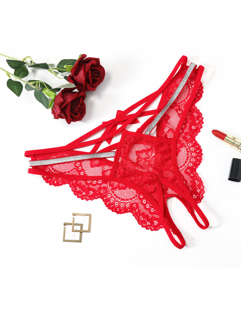 Red lace thong panties with rhinestone-accented straps, shown from an angled view