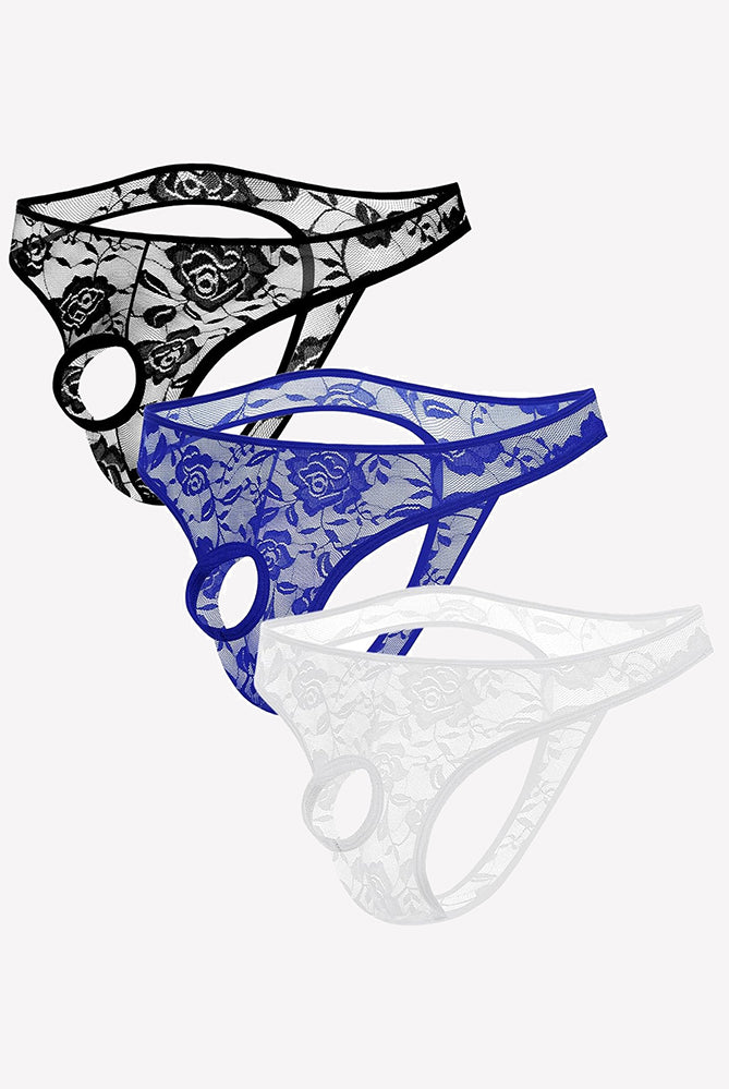 Black lace bikini briefs with floral pattern and oval cutout side bands.