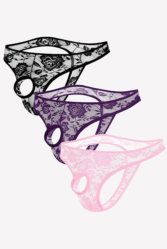 Blue lace bikini briefs with floral pattern and oval cutout side bands.