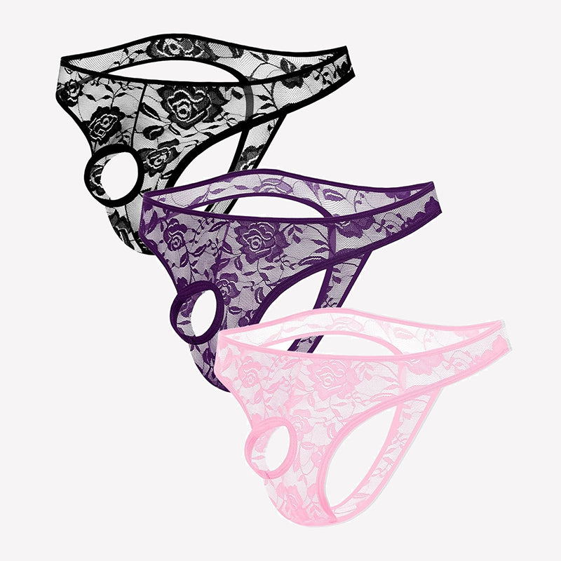 Blue lace bikini briefs with floral pattern and oval cutout side bands.