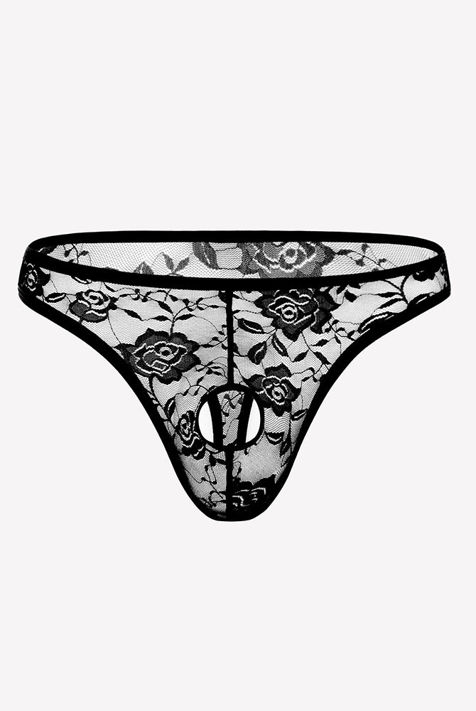 Black lace bikini briefs with floral print and oval cutout accents.