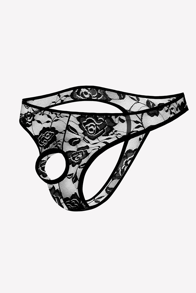Black lace bikini briefs with floral pattern and oval front cutout.