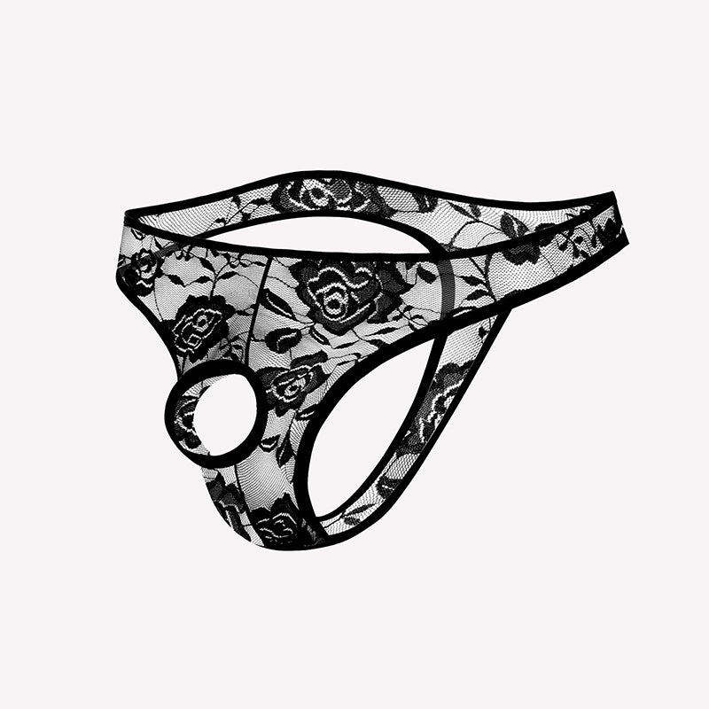 Black lace bikini briefs with floral pattern and oval front cutout.