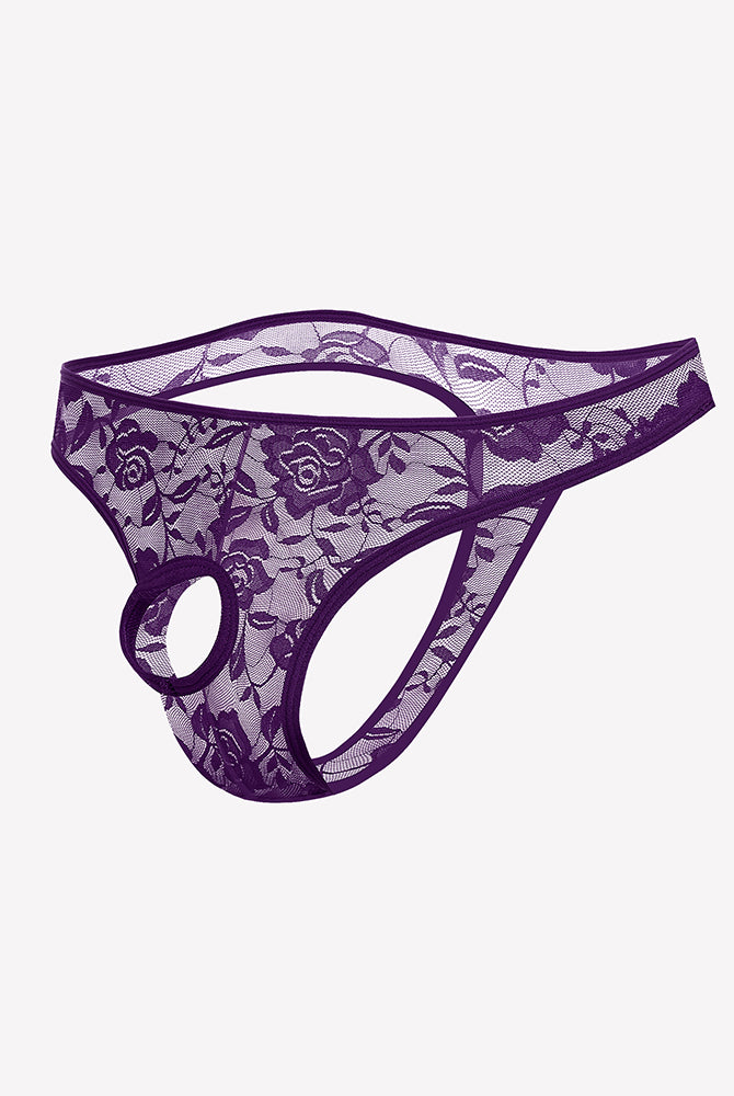 Purple lace bikini briefs with floral pattern and oval front cutout.