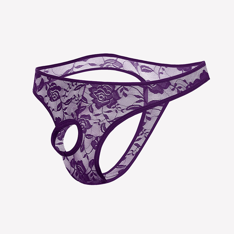 Purple lace bikini briefs with floral pattern and oval front cutout.