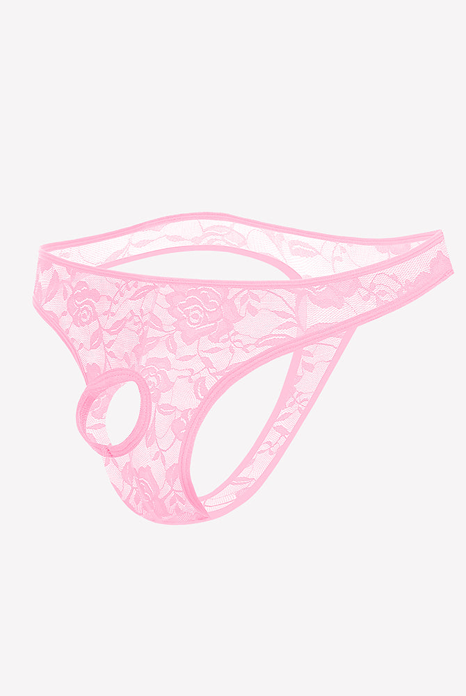 Pink lace bikini briefs with floral pattern and oval front cutout.