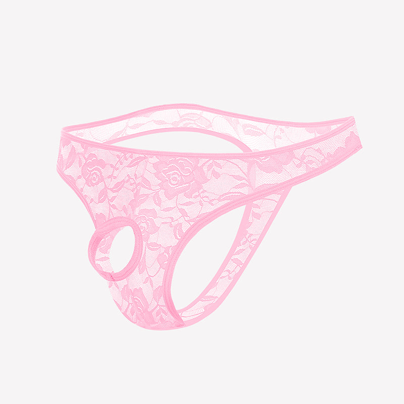 Pink lace bikini briefs with floral pattern and oval front cutout.