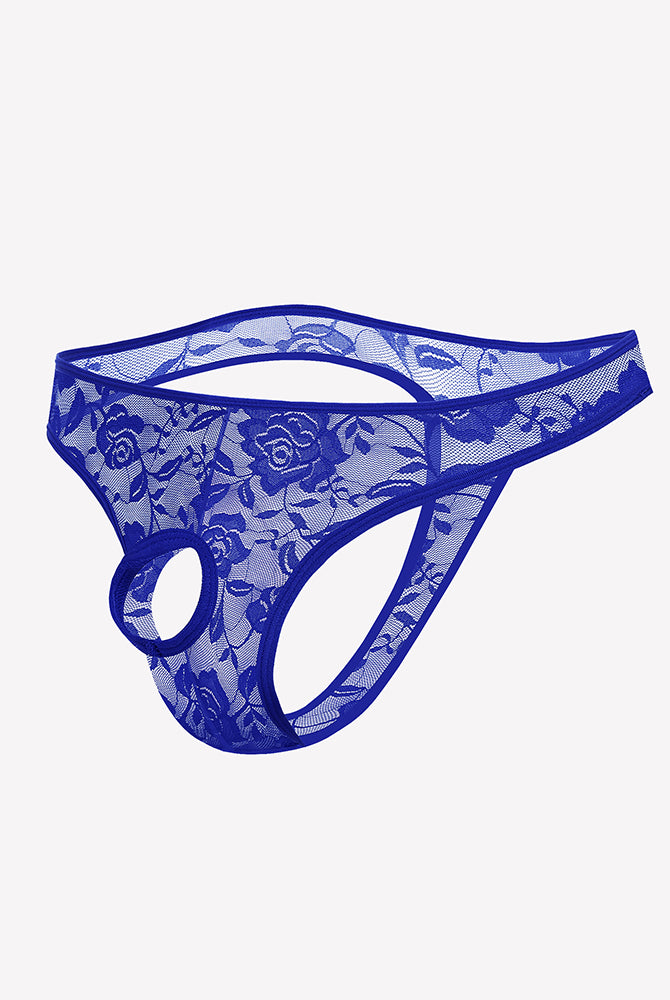 Blue lace bikini briefs with floral pattern and oval front cutout.