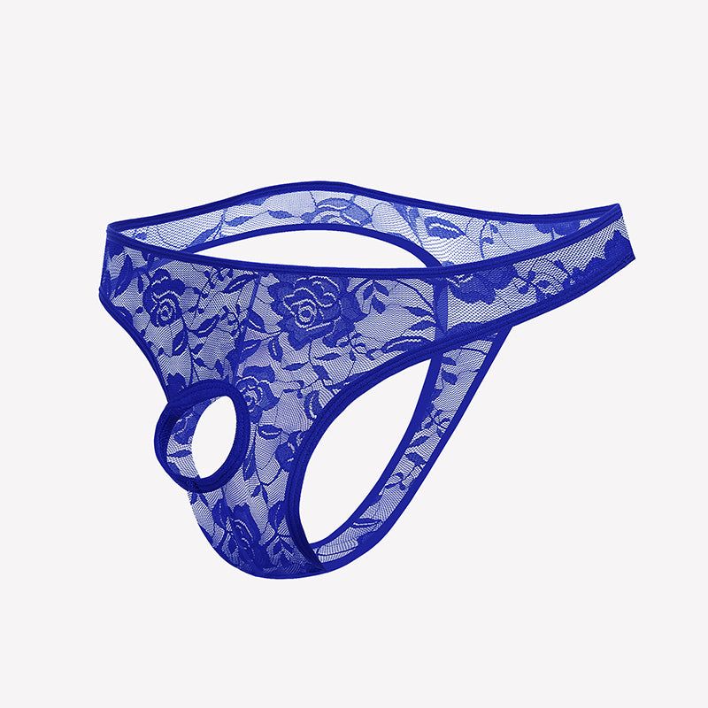 Blue lace bikini briefs with floral pattern and oval front cutout.