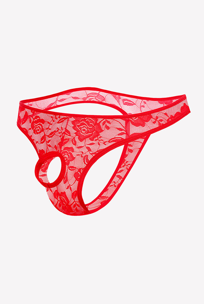 Red lace bikini briefs with floral pattern and oval front cutout.