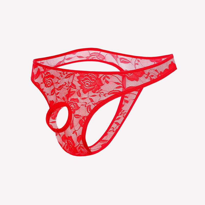 Red lace bikini briefs with floral pattern and oval front cutout.