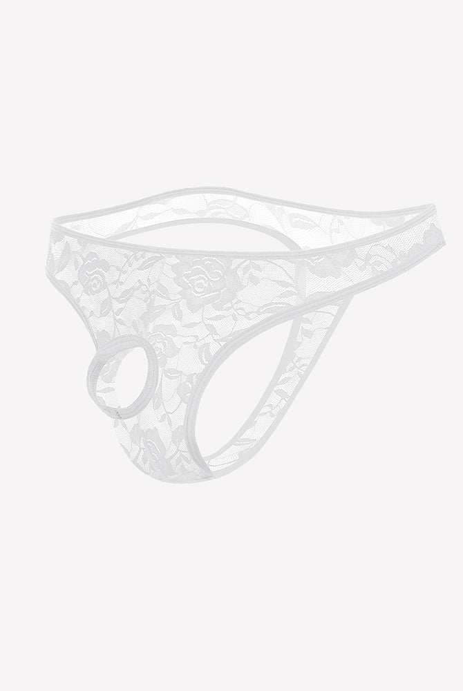 White lace bikini briefs with floral pattern and oval front cutout.