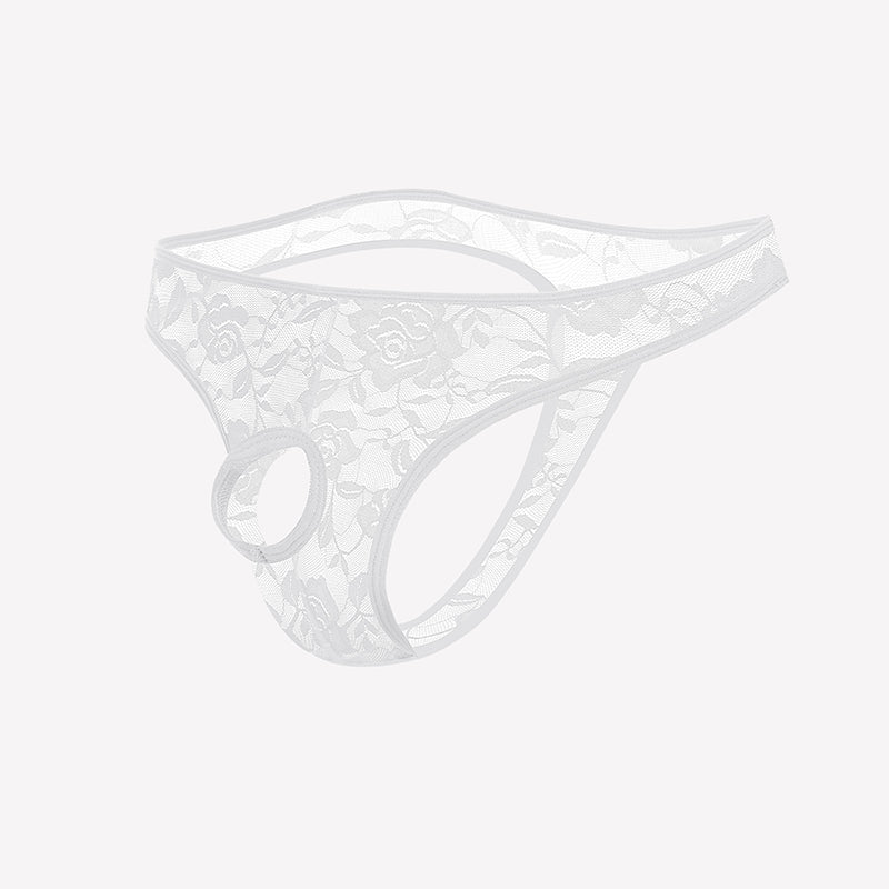White lace bikini briefs with floral pattern and oval front cutout.