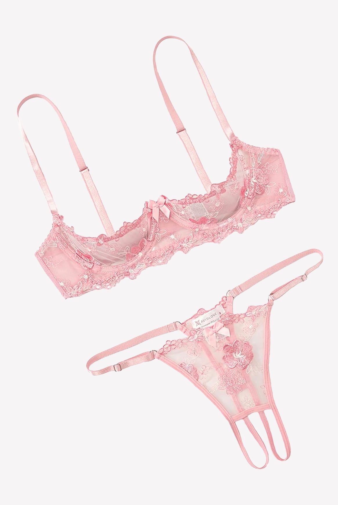 Embroidered underwire bra and thong set in soft pink lace with floral embroidery