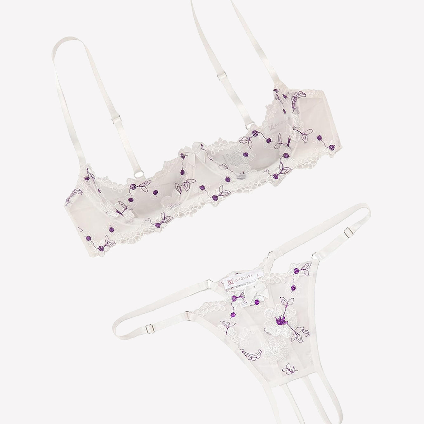 Embroidered bra and panty set with open cups, lilac floral lace trim, white straps