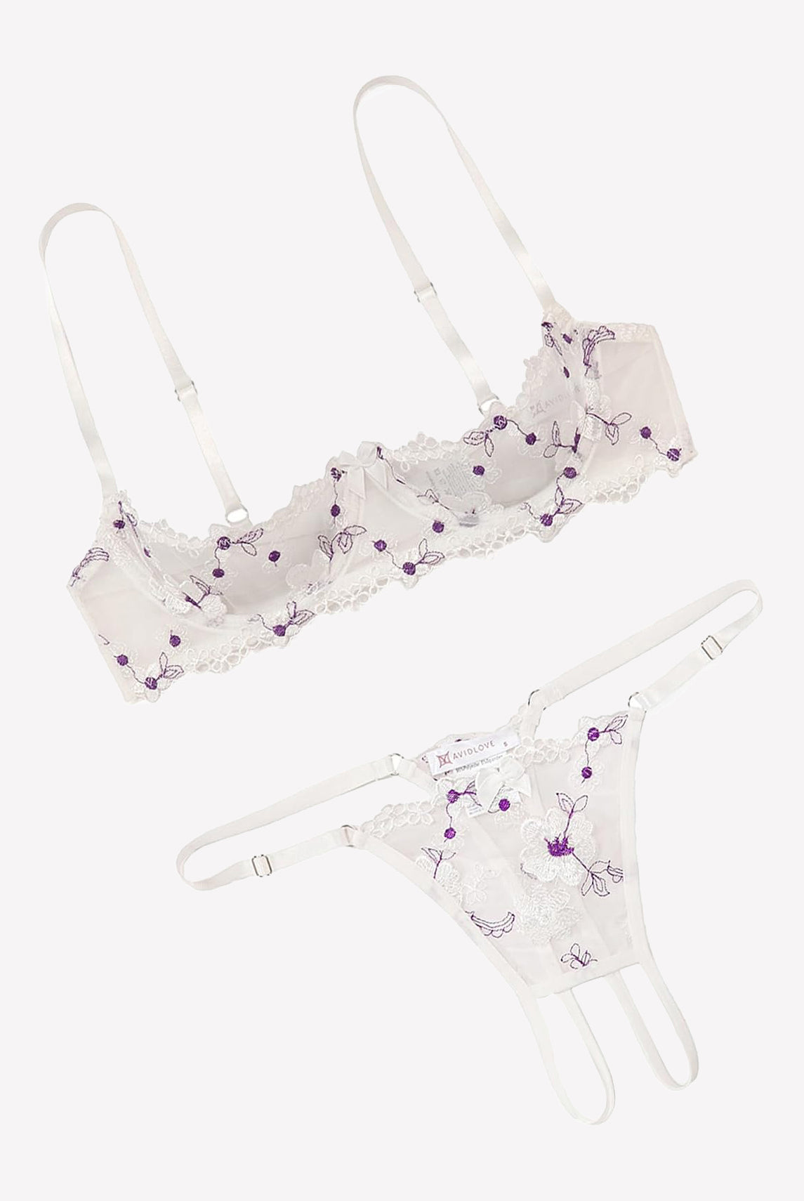 Embroidered bra and panty set with open cups, lilac floral lace trim, white straps