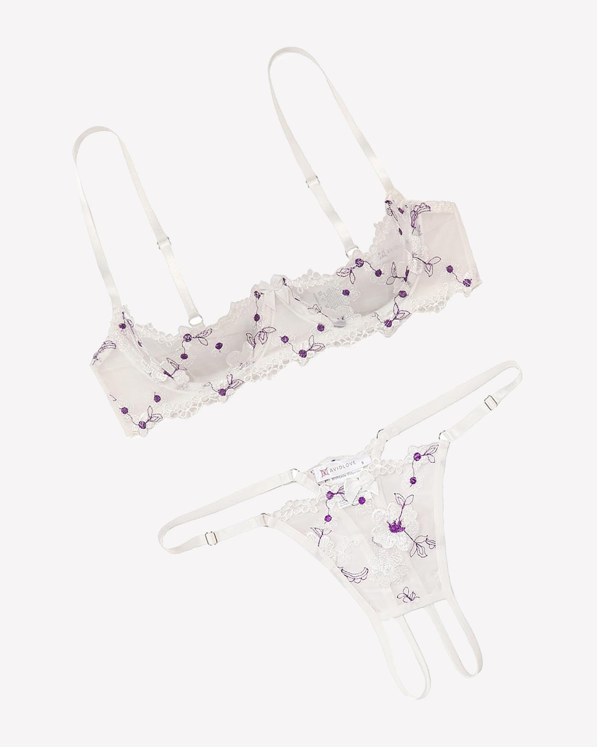 Embroidered bra and panty set with open cups, lilac floral lace trim, white straps