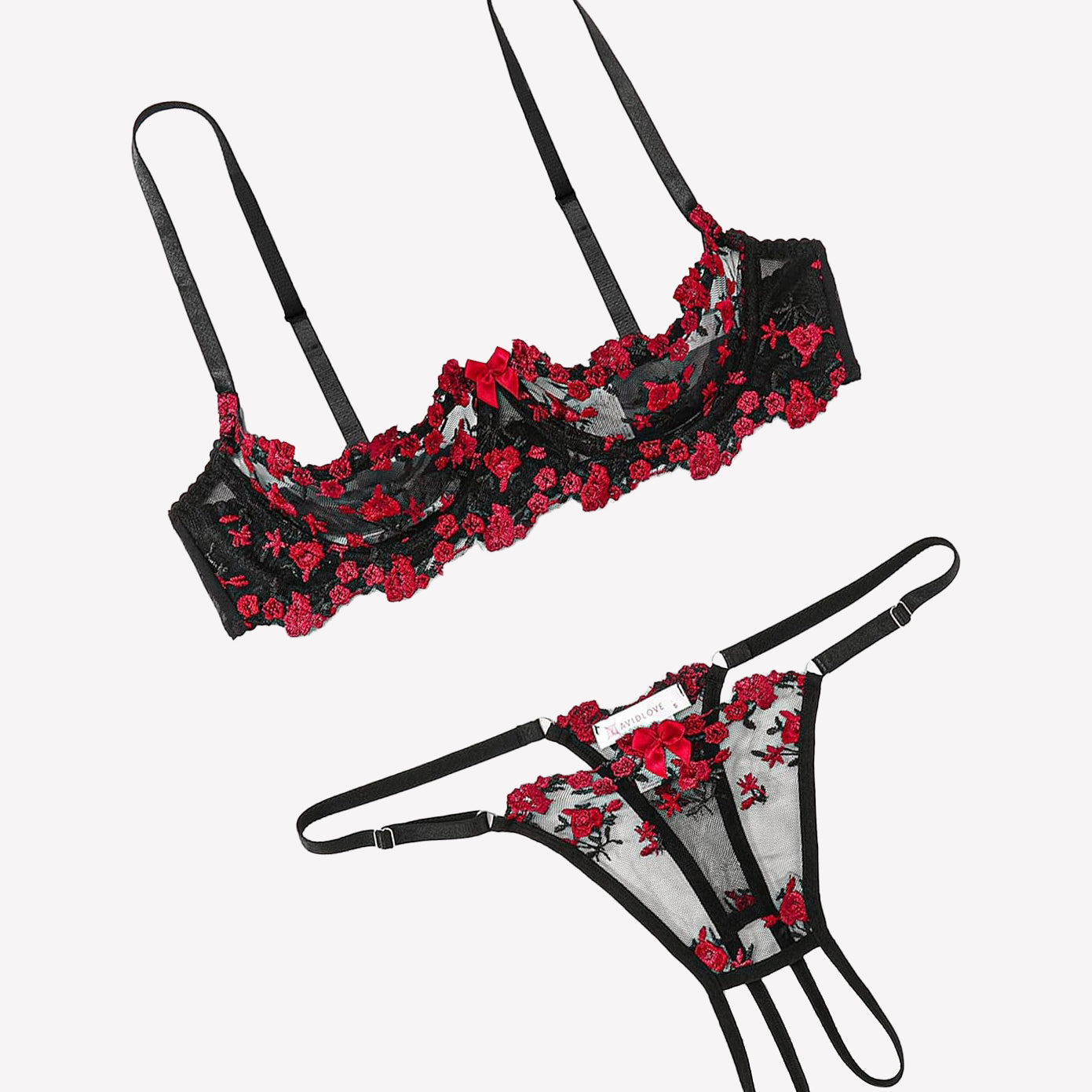 Embroidered bra and panty set with open cups, black mesh and red floral lace trim