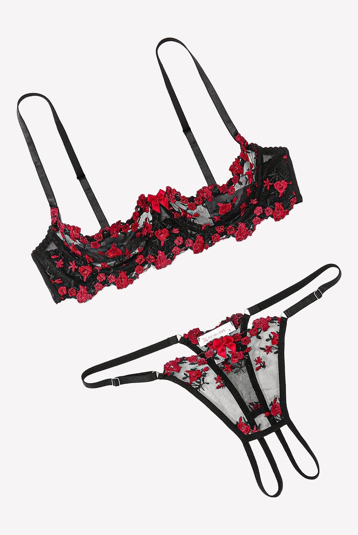 Embroidered bra and panty set with open cups, black mesh and red floral lace trim