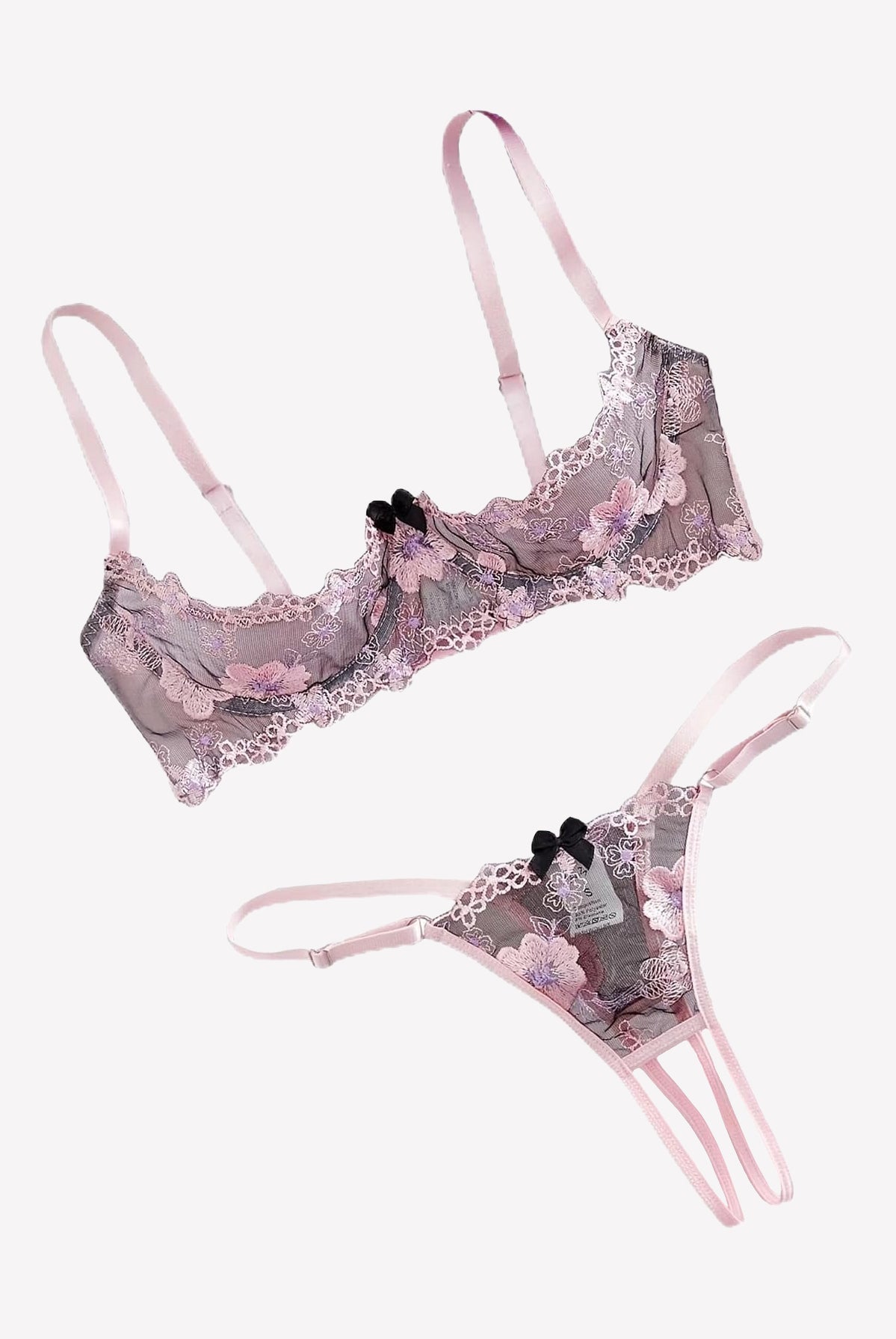 Embroidered bra and panty set with open cups, lilac lace with floral embroidery, sheer panels