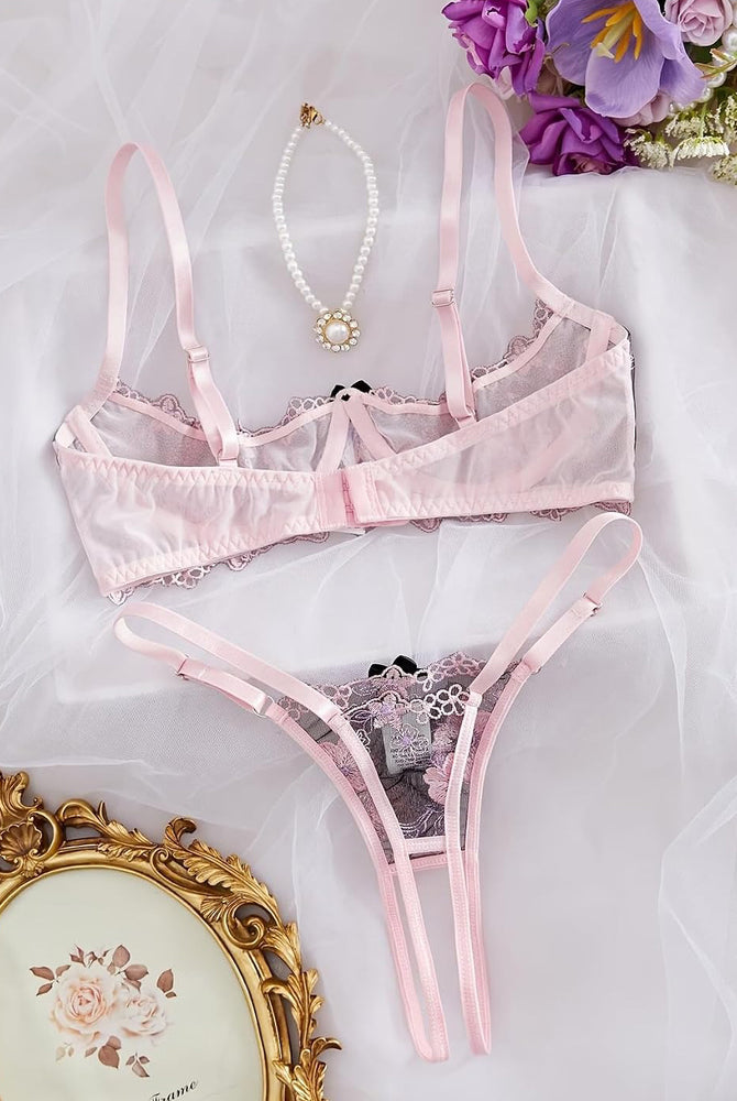 Embroidered underwire bra and thong panty set in lilac-pink lace with bow accents