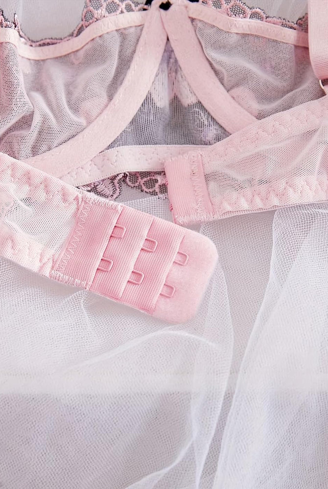 Lilac-pink embroidered thong panty with adjustable straps and bow detail